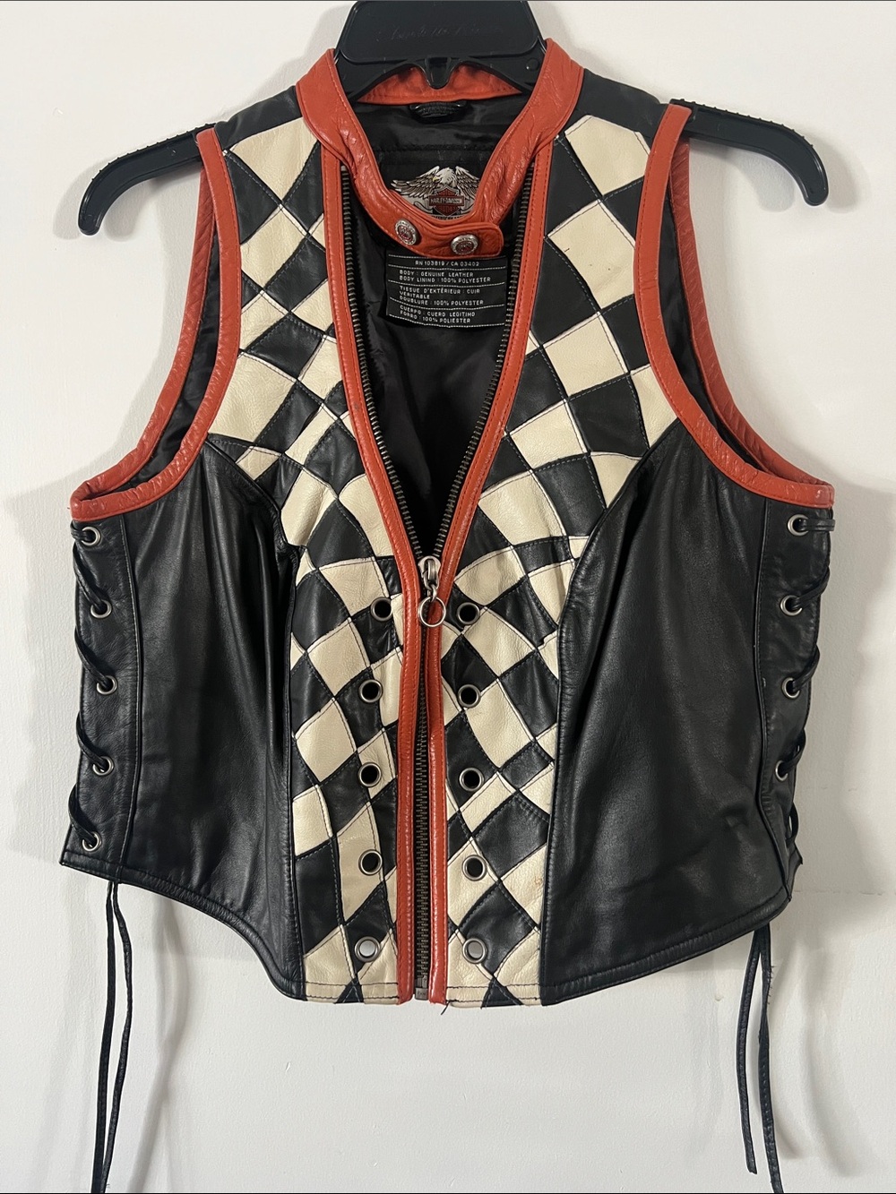 Harley-Davidson Black Cream Leather Racing Vest with burnt orange trim